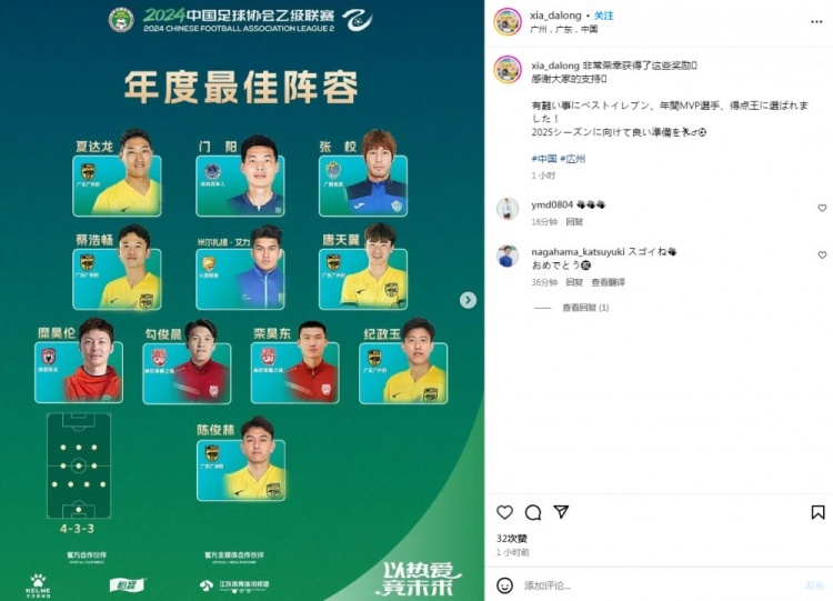夏達龍獲獎感言：榮幸被選為中乙最佳十一人、最佳球員、最佳射手